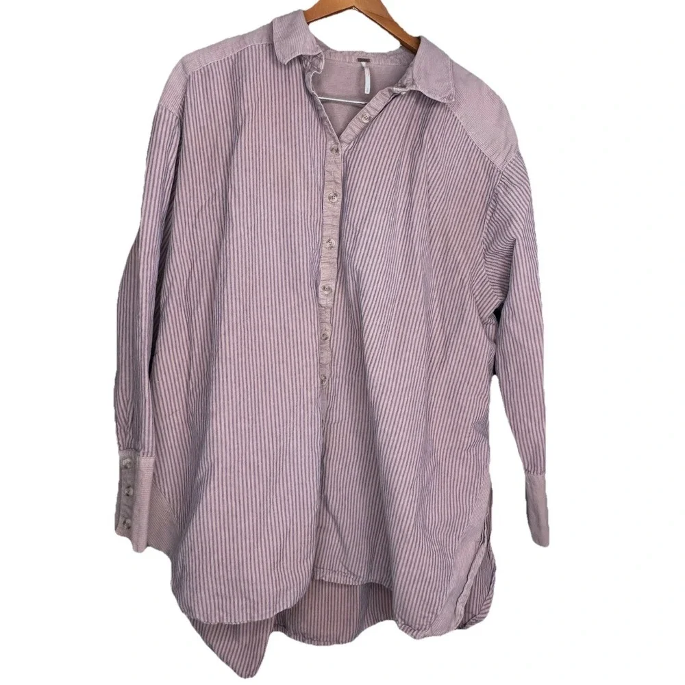 Free People Women Long Sleeve Oversized Button Down Shirt SP Pink Purple Striped